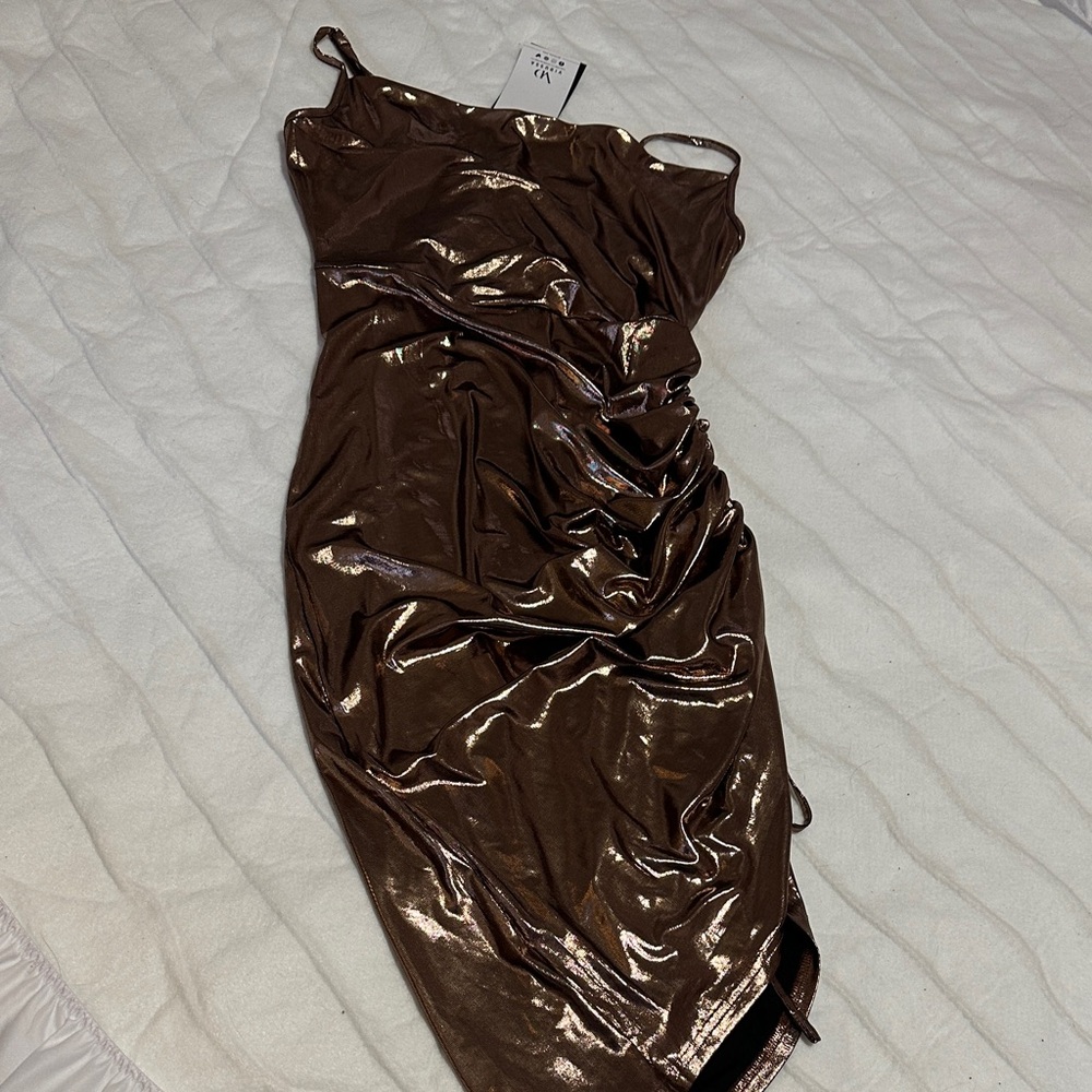 NWT Gold/Bronze Adjustable Length Ruched Dress - Picture 5 of 5